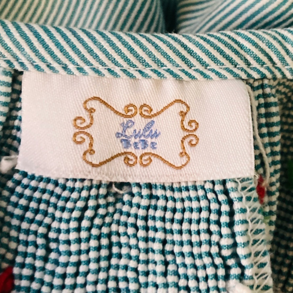 Lulu Bebe blue and white striped smocked dress with red embroidered floral. 12m - Picture 5 of 7